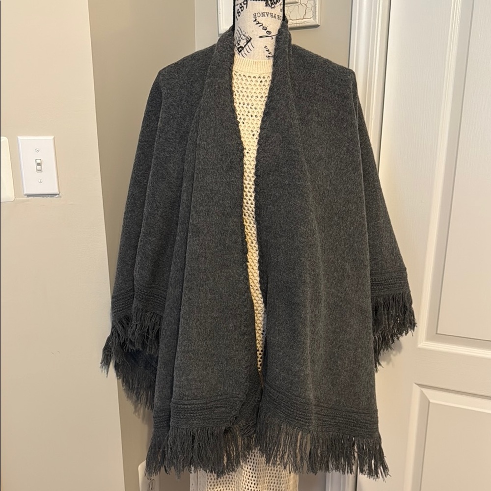 Artisan Made Wool Gray Fringe Large Shawl / Cape